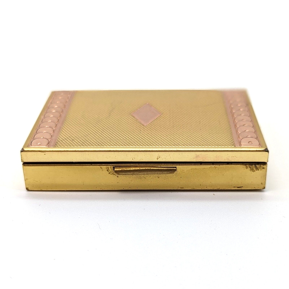 Vintage Evans Two-Tone Loose Powder Compact Yellow Rose Gold Tone w Puff & Mesh - Picture 5 of 11